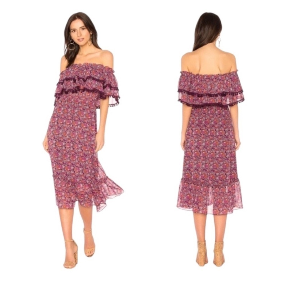 MISA Los Angeles Maribel Off Shoulder Floral Pattern Tiered Pom Pom Midi Dress